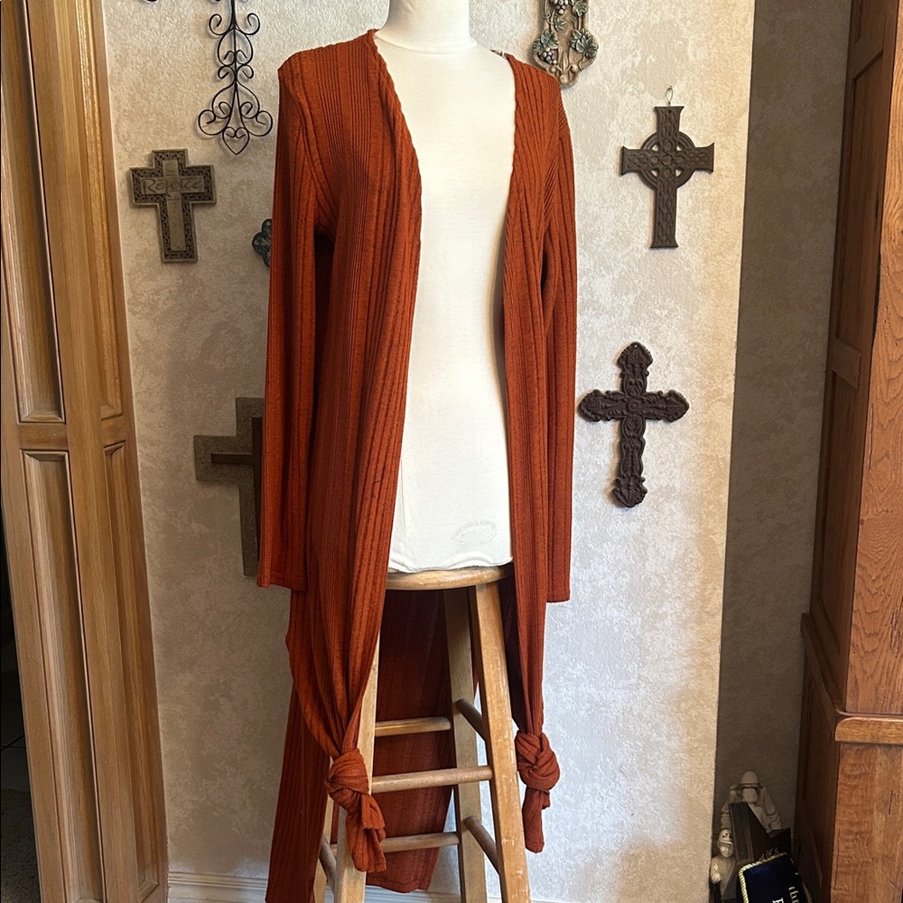 UMGEE🍁NWT⭐️Rust-Orange Open-Front Ribbed Long Cardigan Sweater Size Medium